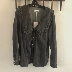 GANNI Ruffled Organic Cotton And Lyocell-blend Denim Top In Sharkskin